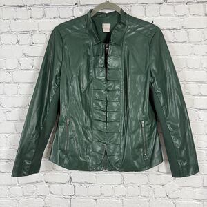 Chico's Vegan Leather Ruffle Trim Jacket Womens Size 1 US 8/10 in Emerald Green